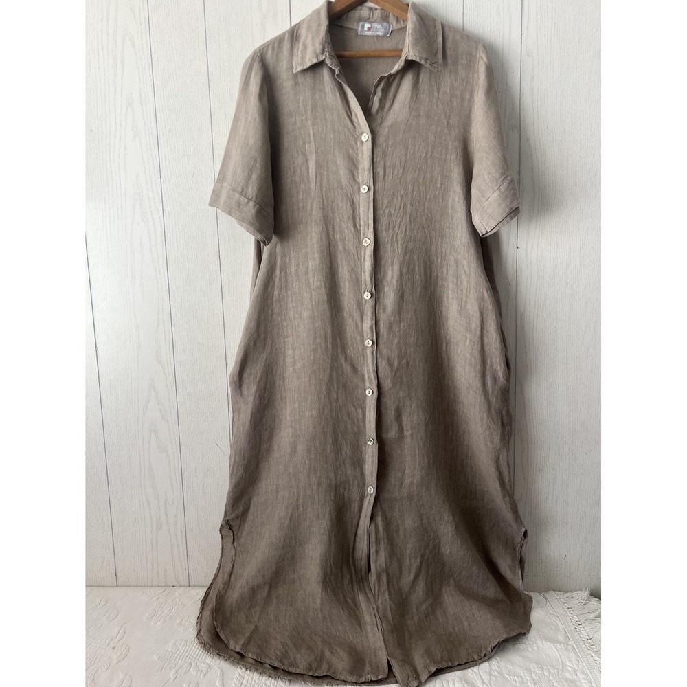 VTG Tina Stephens Linen Shirt Dress, Taupe Made in Italy Medium Brown Italian